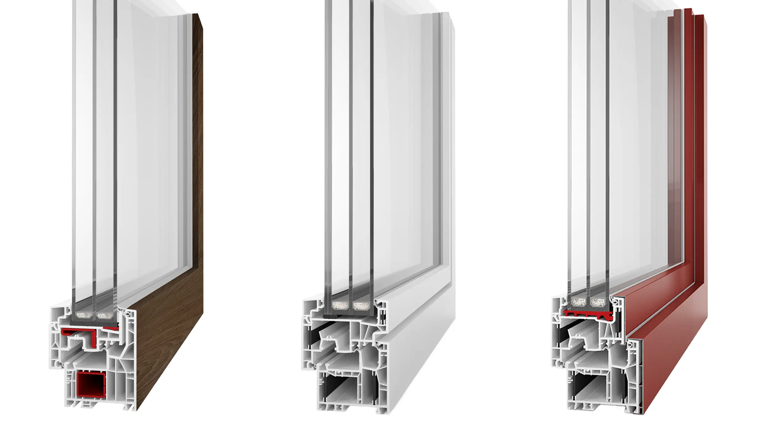 Drei unterschiedliche Fensterprofile im Querschnitt
